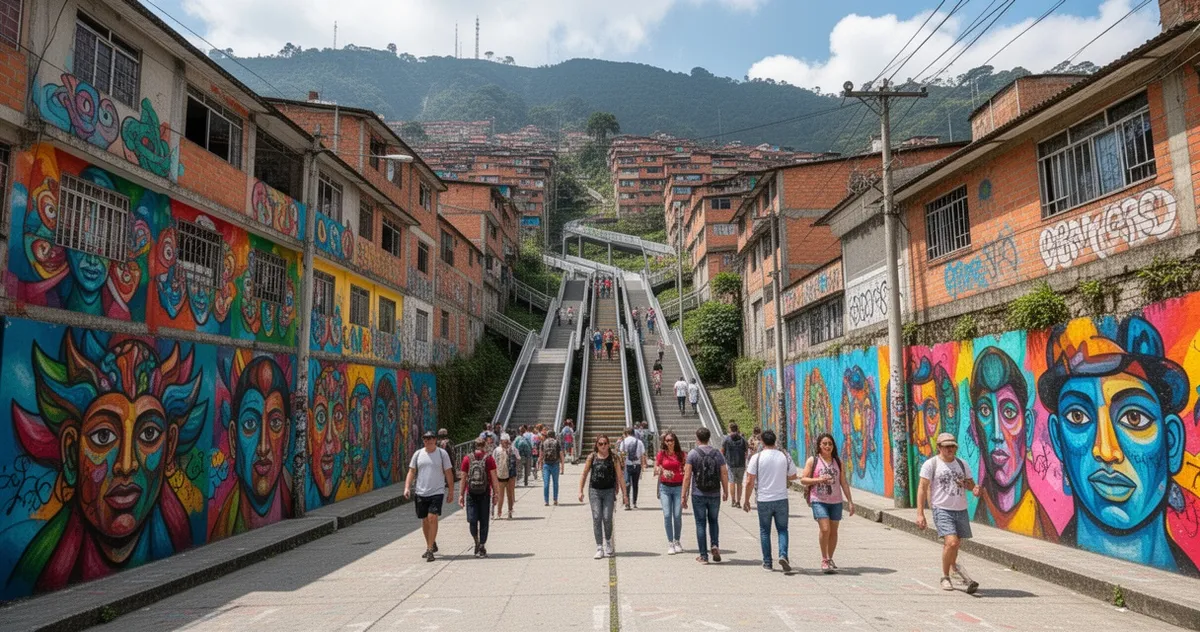 Comuna 13 w Medellín ze słynnymi muralami i schodami ruchomymi