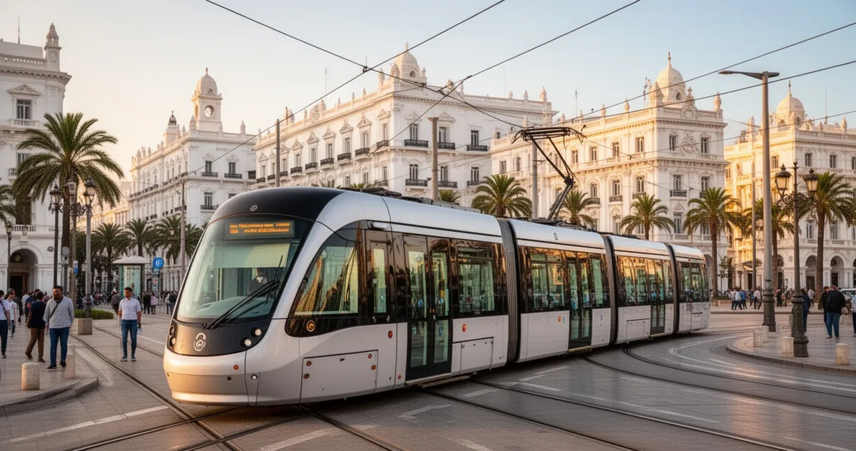 Tramwaj w Casablance na tle kolonialnej zabudowy centrum