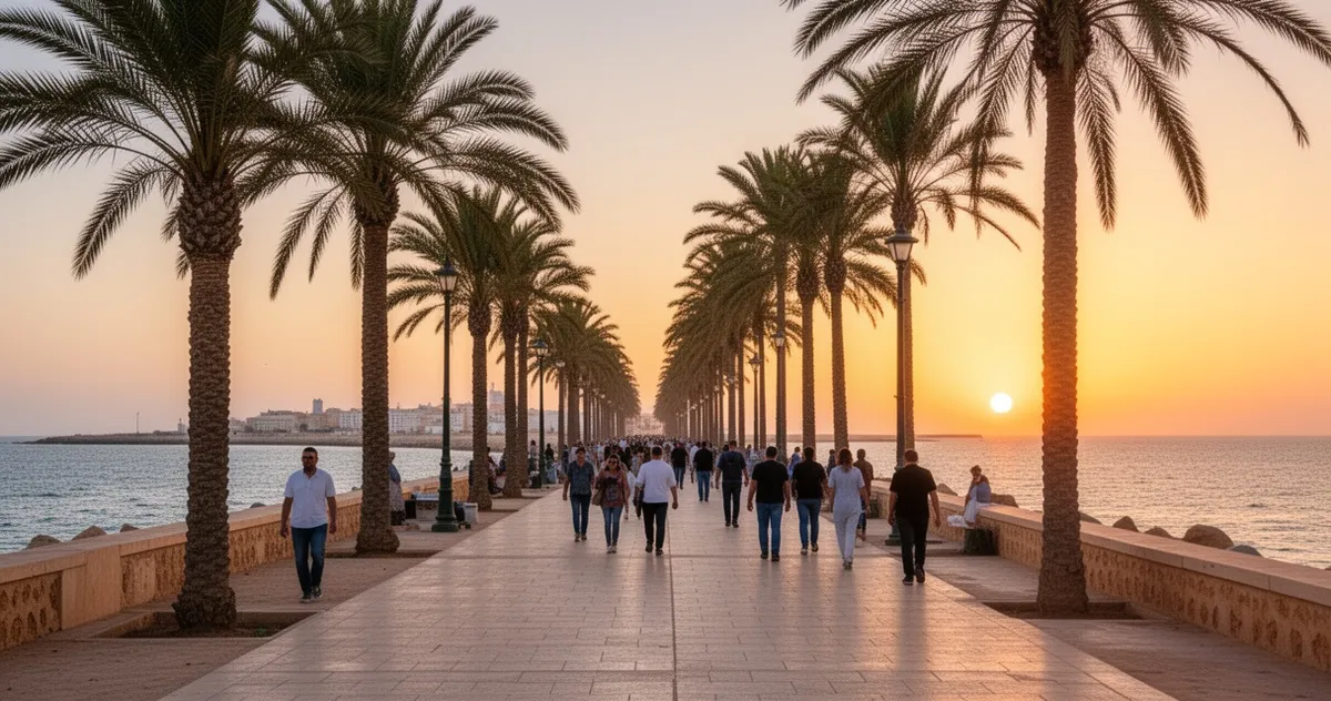 Nadmorska promenada w Tangerze z palmami i morzem