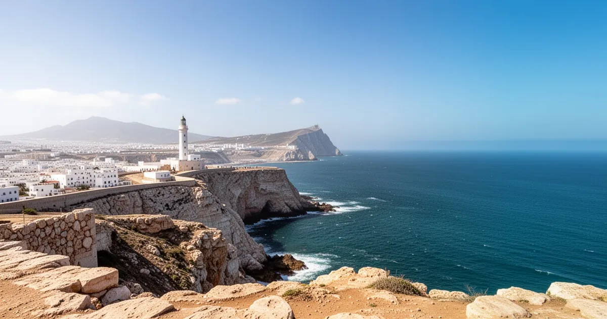 Widok z Cap Spartel na Cieśninę Gibraltarską z latarnią morską