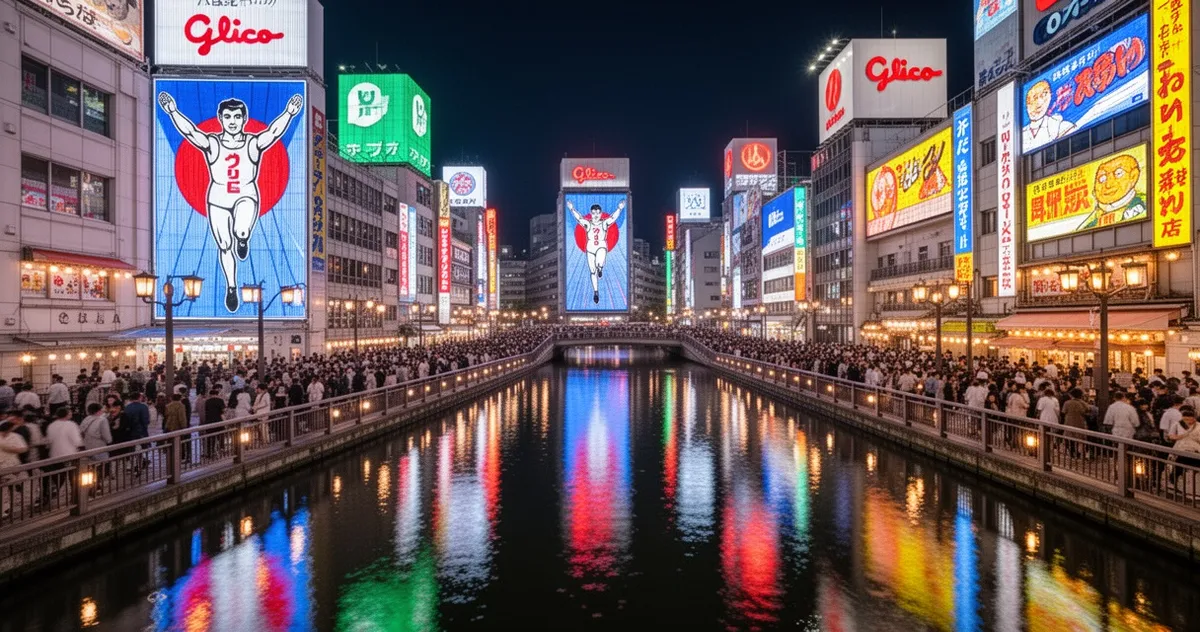 Dotonbori nocą z neonami i znakiem Glico Man