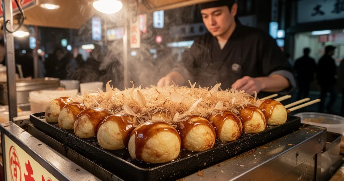 Świeżo przygotowane takoyaki na straganie w Osace