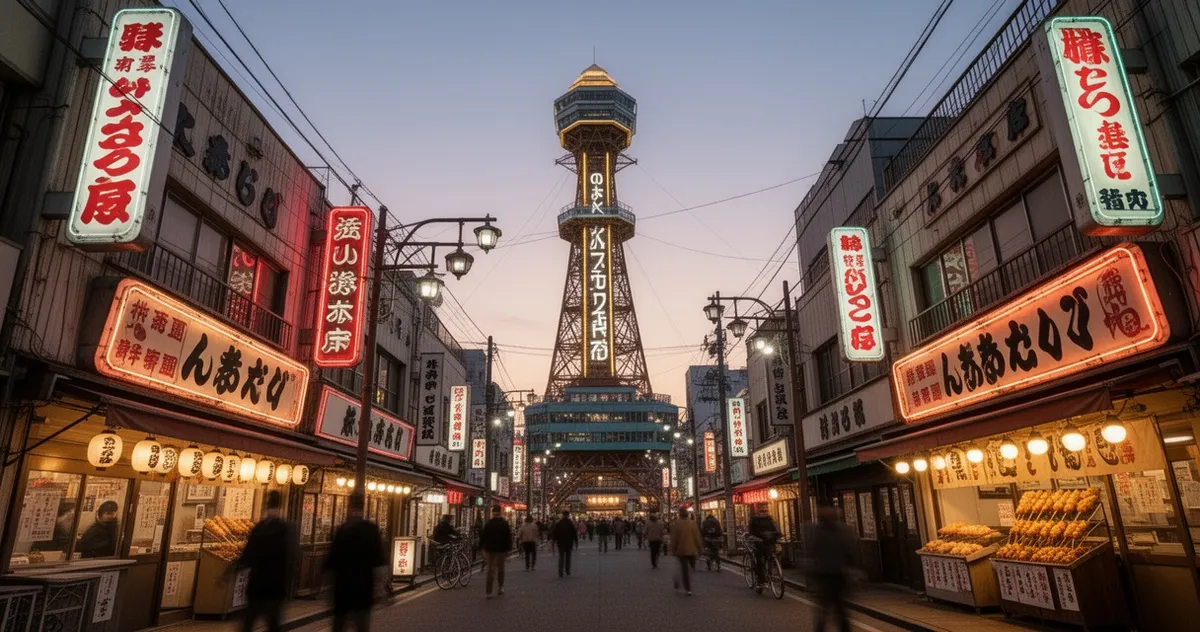 Wieża Tsutenkaku w dzielnicy Shinsekai o zmroku
