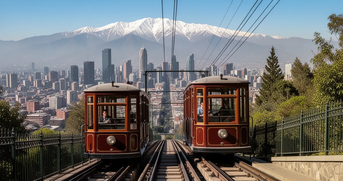 Zabytkowy funicular wjeżdżający na wzgórze San Cristóbal z panoramą Santiago i Andami w tle