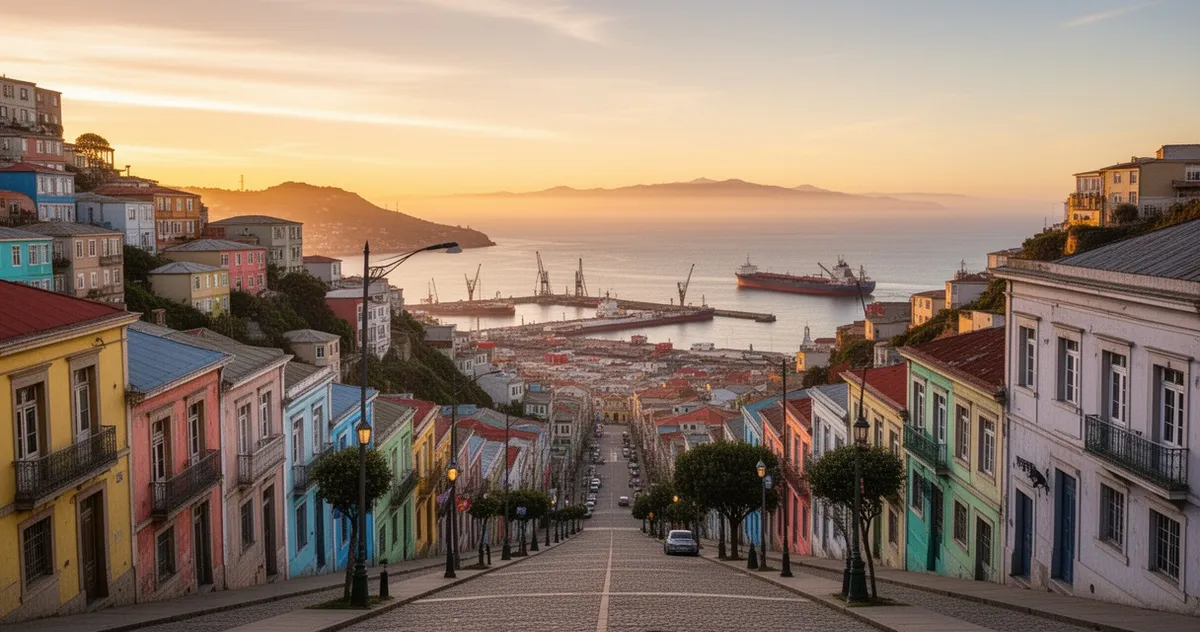 Panorama portu i wzgórz Valparaíso o zachodzie słońca z Paseo 21 de Mayo