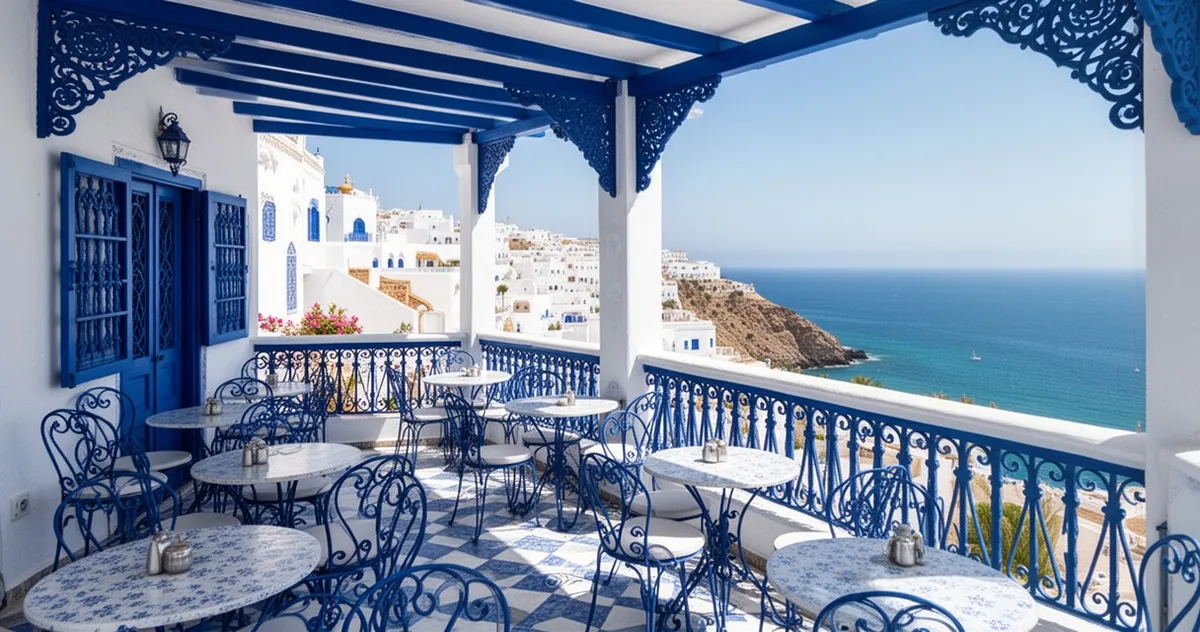 Widok z kawiarni Sidi Chabaane na morze i białe zabudowania Sidi Bou Said