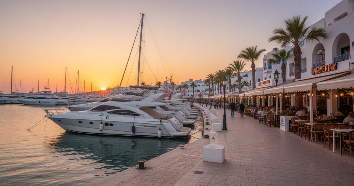 Marina w Yasmine Hammamet o zachodzie słońca z jachtami i restauracjami