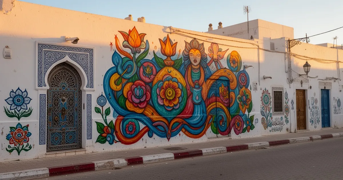 Mural w Djerbahood na tle białej tunezyjskiej zabudowy