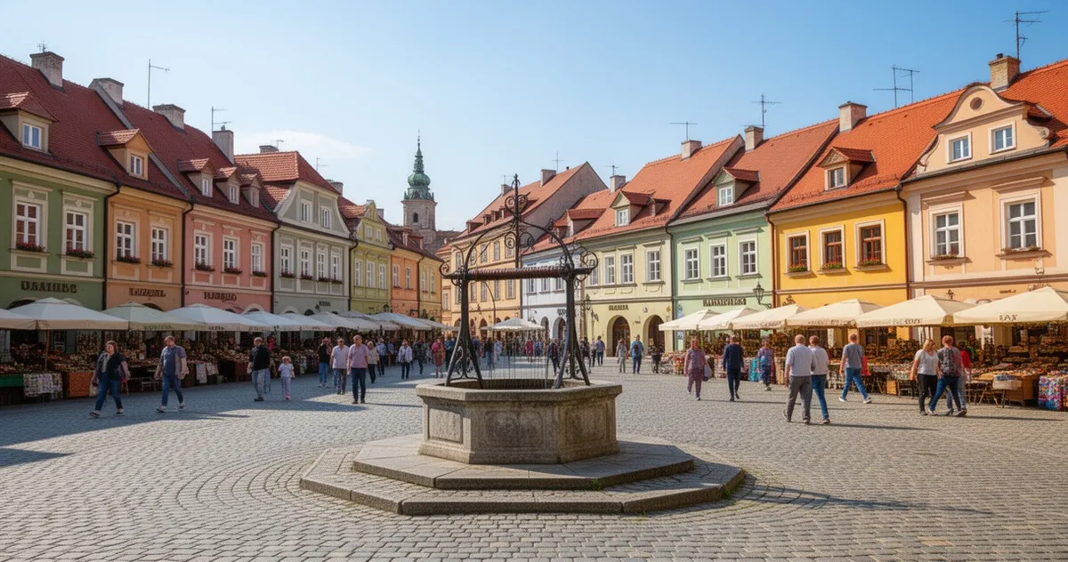 Widok na Rynek w Kazimierzu Dolnym z zabytkową studnią i kamienicami