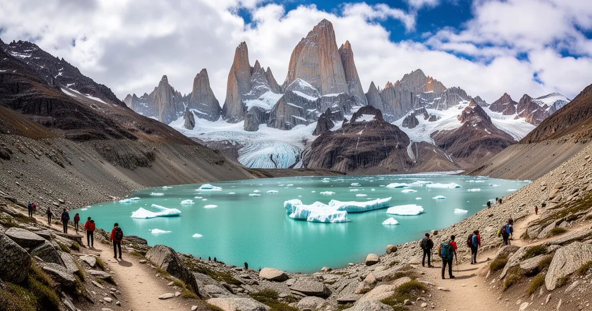 Panorama gór Cerro Torre i Fitz Roy z turkusową laguną