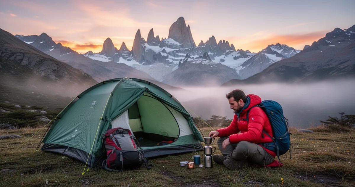 Namiot na campingu z widokiem na Fitz Roy o wschodzie słońca