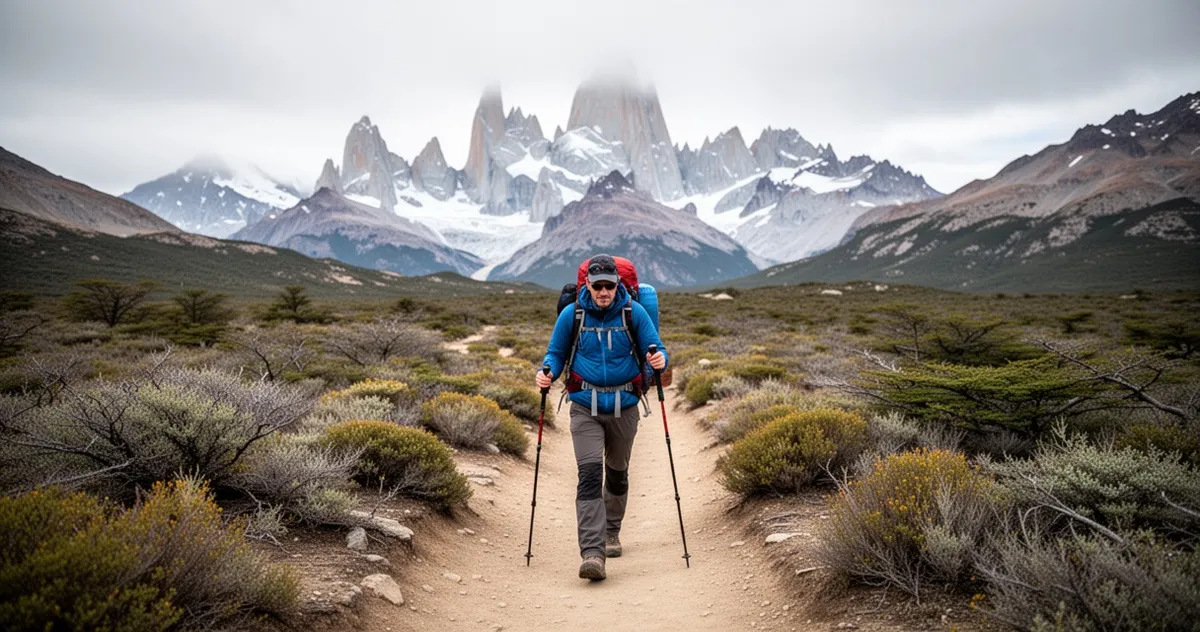 Pieszy turysta na szlaku w Patagonii z widokiem na góry Fitz Roy