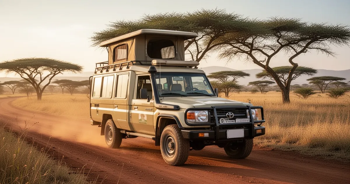 Samochód safari Land Cruiser na drodze w pobliżu Aruszy