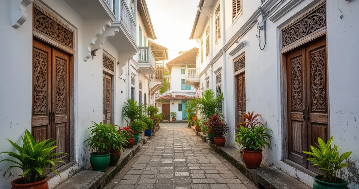 Wąska uliczka w Stone Town z rzeźbionymi drzwiami