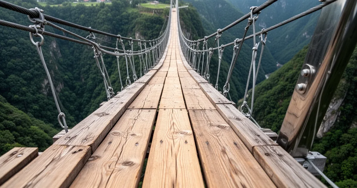Widok w dół przez deski mostu Sky Bridge 721