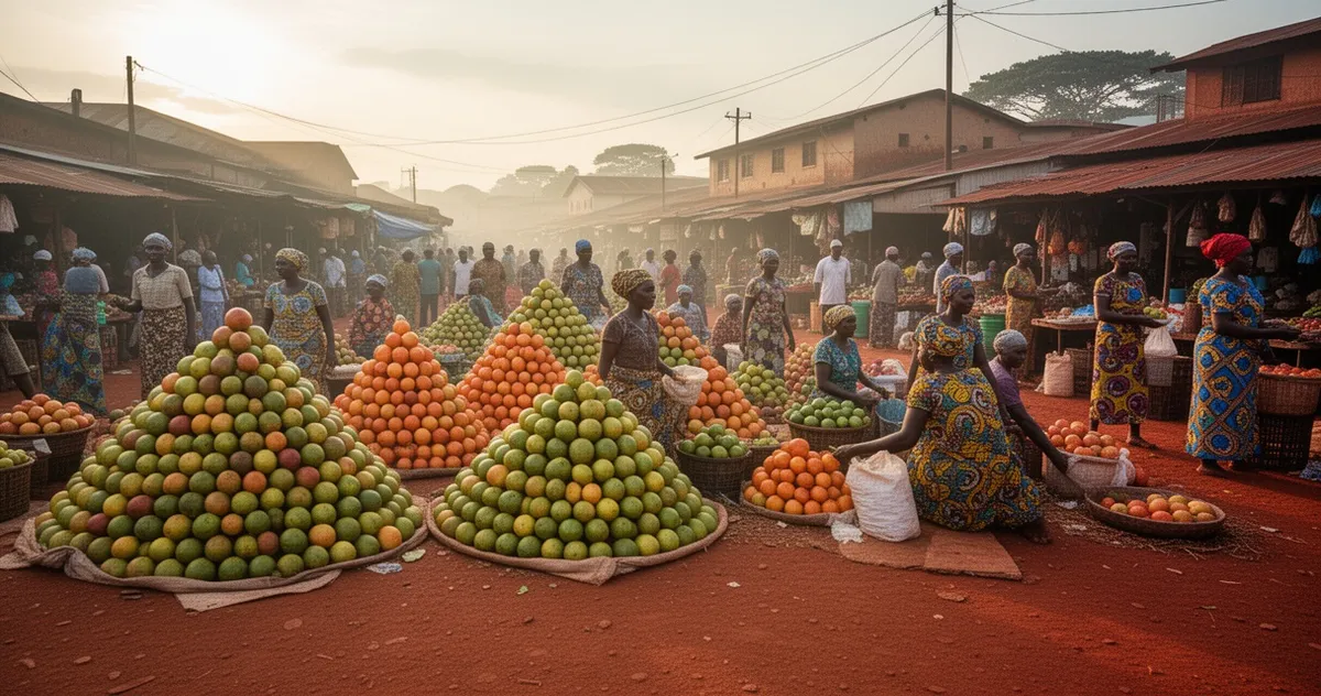 Nakasero Market z kolorowymi straganami owocowymi