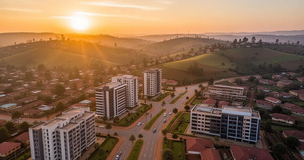 Panorama Kigali o zachodzie słońca
