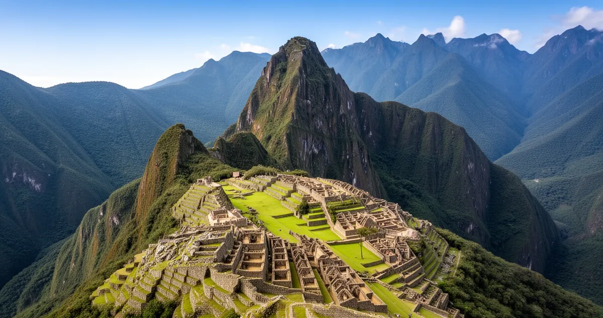 Widok z lotu ptaka na Machu Picchu z górą Huayna Picchu w tle
