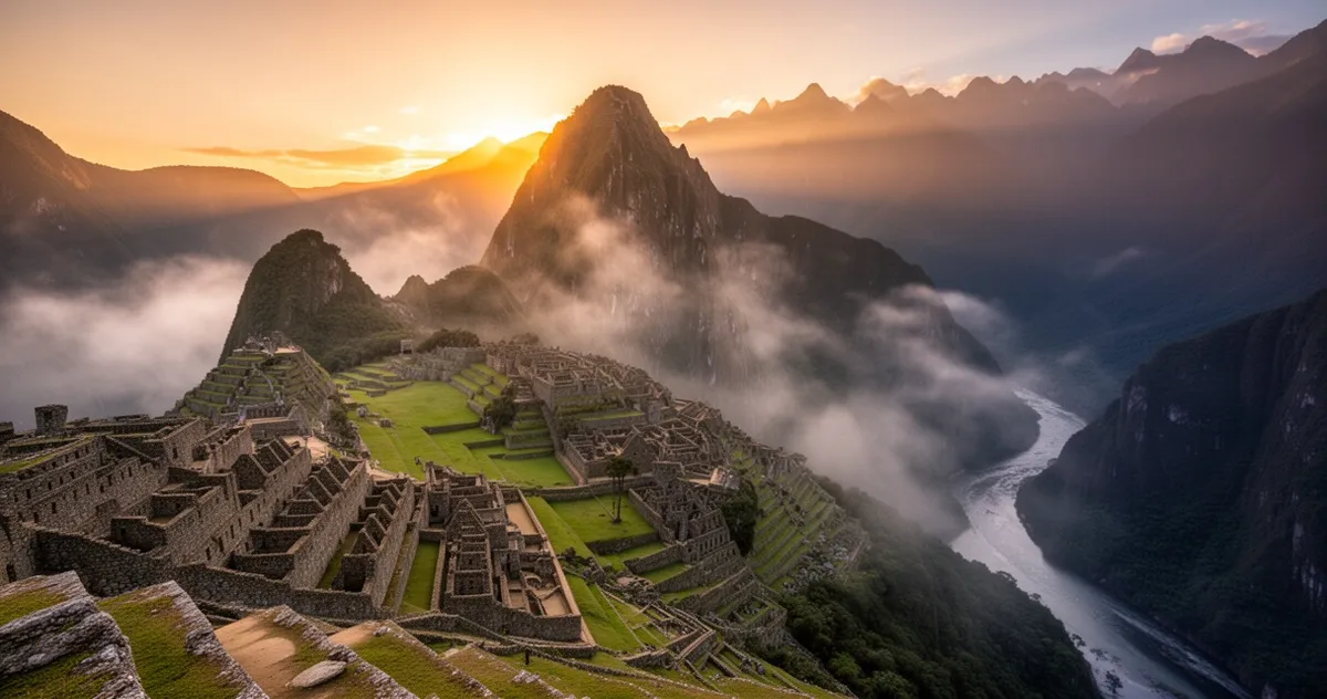 Machu Picchu o poranku z mgłą unoszącą się znad kanionu Urubamby