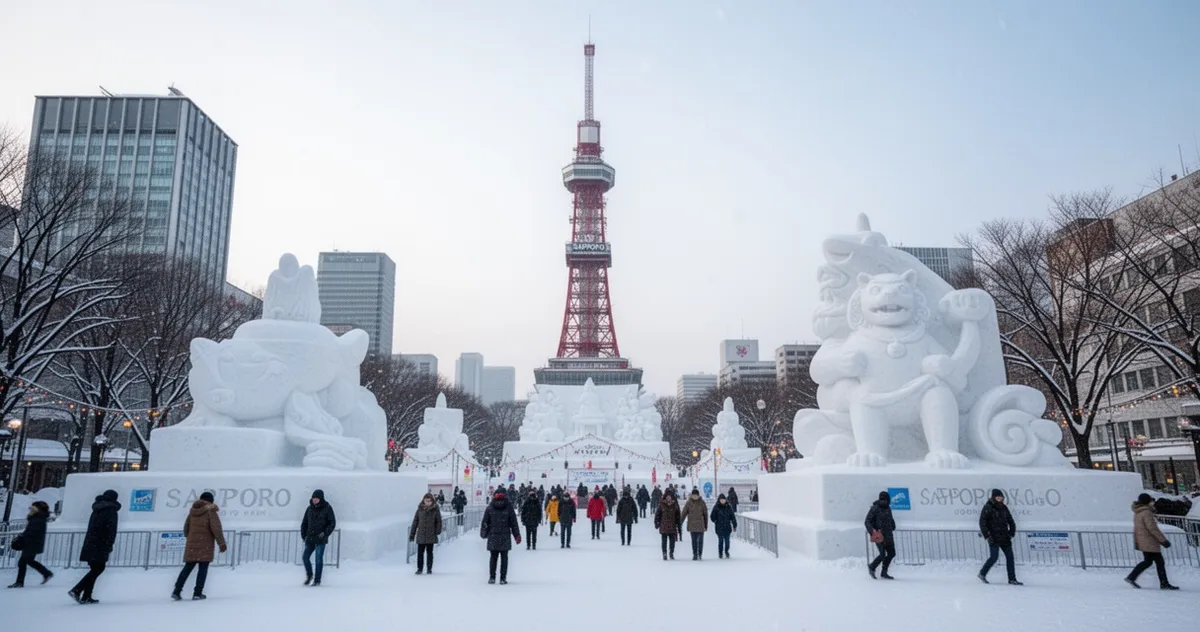 Park Odori zimą z rzeźbami śnieżnymi i wieżą telewizyjną