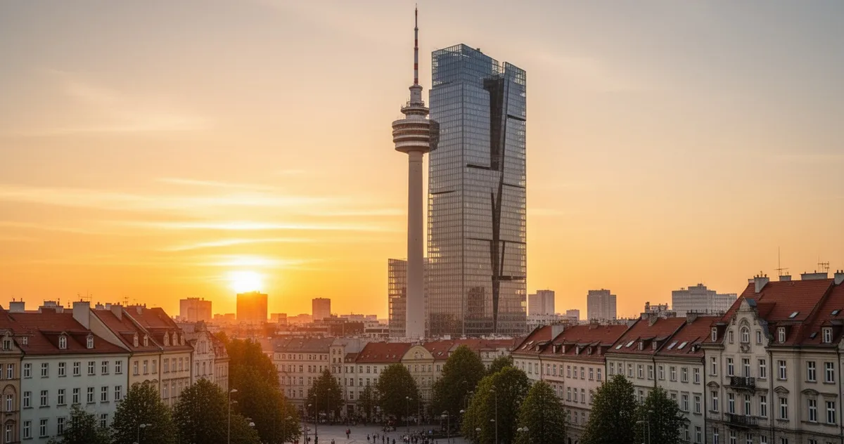 Sky Tower o zachodzie słońca na tle panoramy Wrocławia