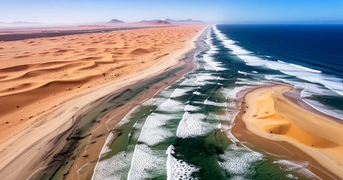 Widok z lotu ptaka na Swakopmund, gdzie pustynia Namib spotyka się z Oceanem Atlantyckim
