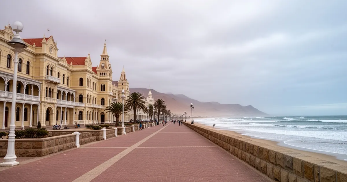 Promenada w Swakopmund z kolonialną architekturą i widokiem na Atlantyk