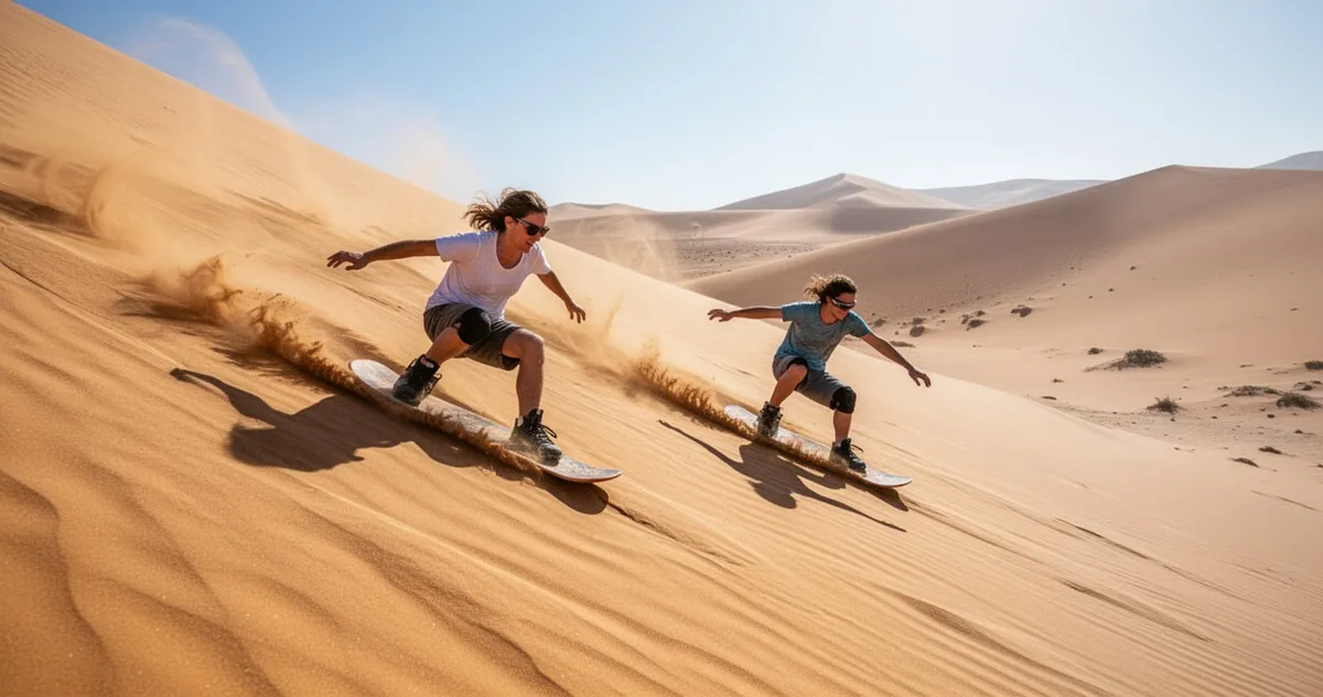Dwie osoby zjeżdżające na sandboardzie po wydmie w okolicy Swakopmund