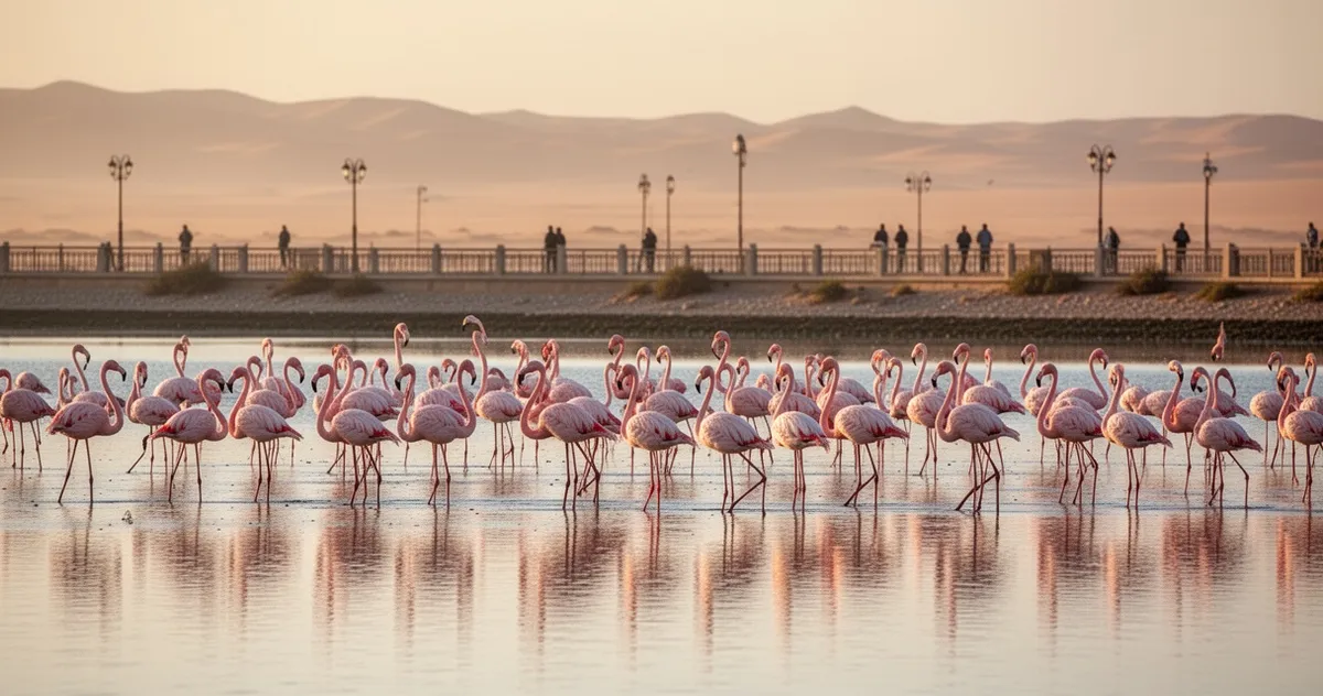 Stado flamingów w płytkiej wodzie laguny Walvis Bay