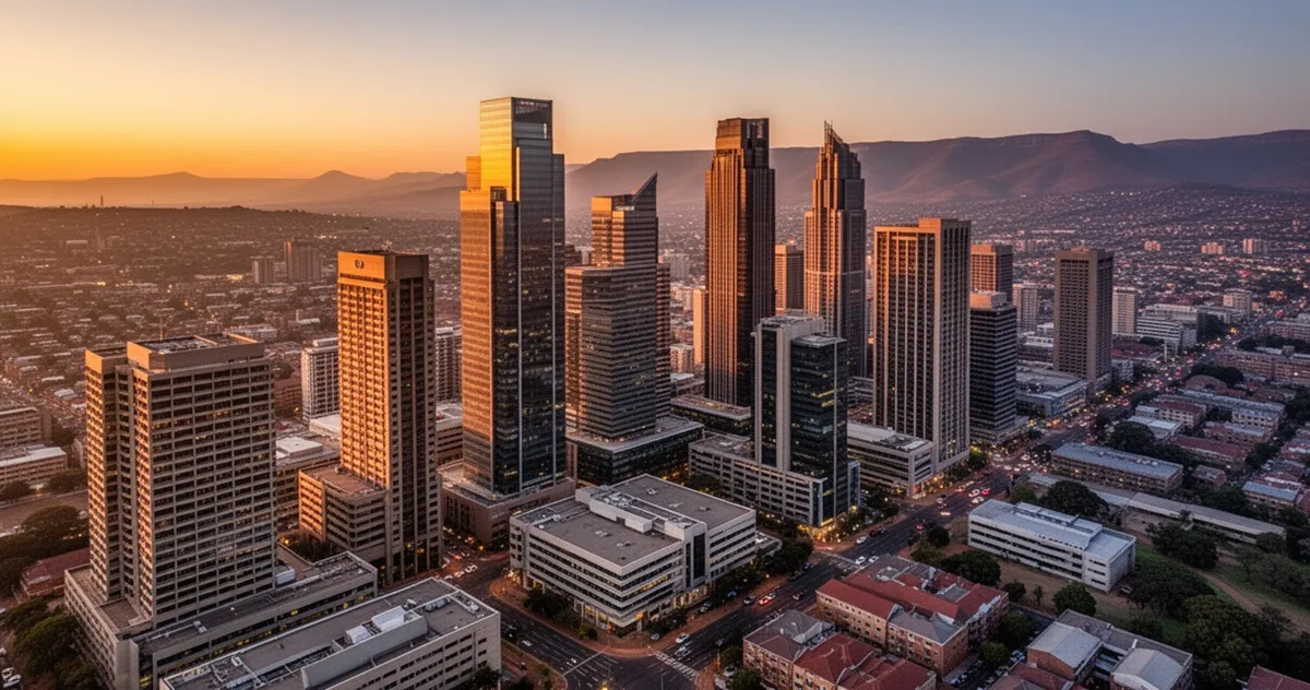 Panorama dzielnicy Sandton w Johannesburgu o zmierzchu