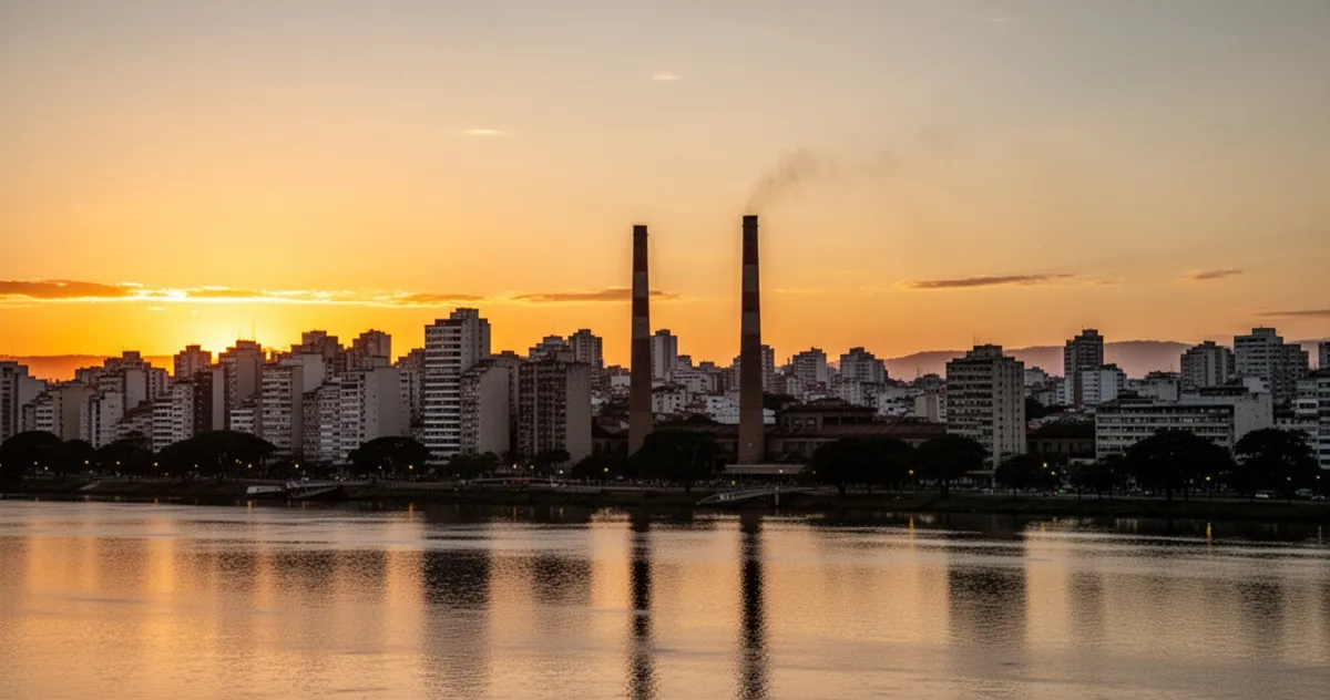 Panoramiczny widok na Porto Alegre o zachodzie słońca z Guaíba i budynkiem Usina do Gasômetro na pierwszym planie