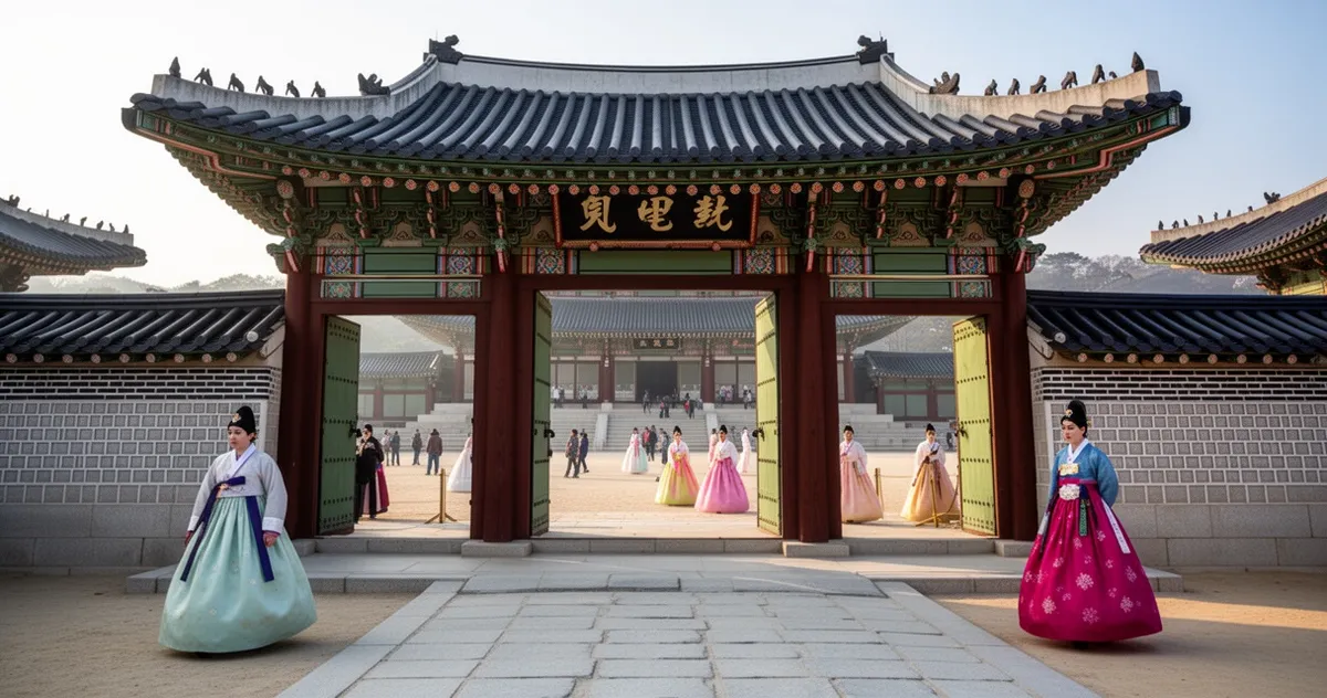 Główna brama pałacu Gyeongbokgung w porannym świetle