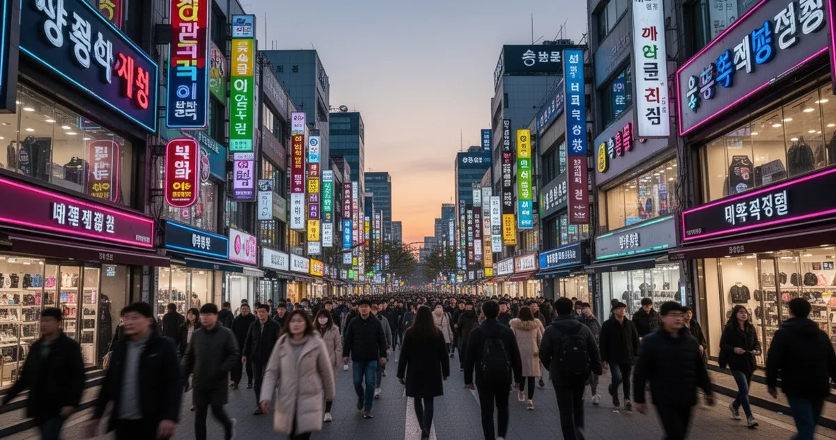 Tłumy na ulicy handlowej Myeongdong o zmroku