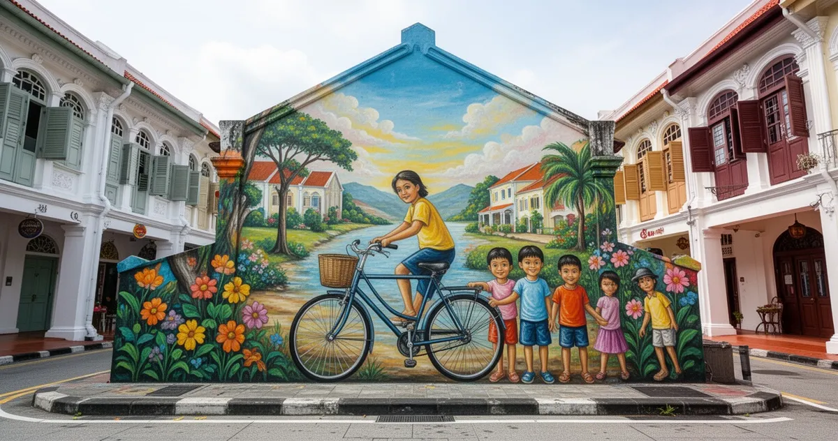 Mural przedstawiający dzieci na rowerze przy Armenian Street