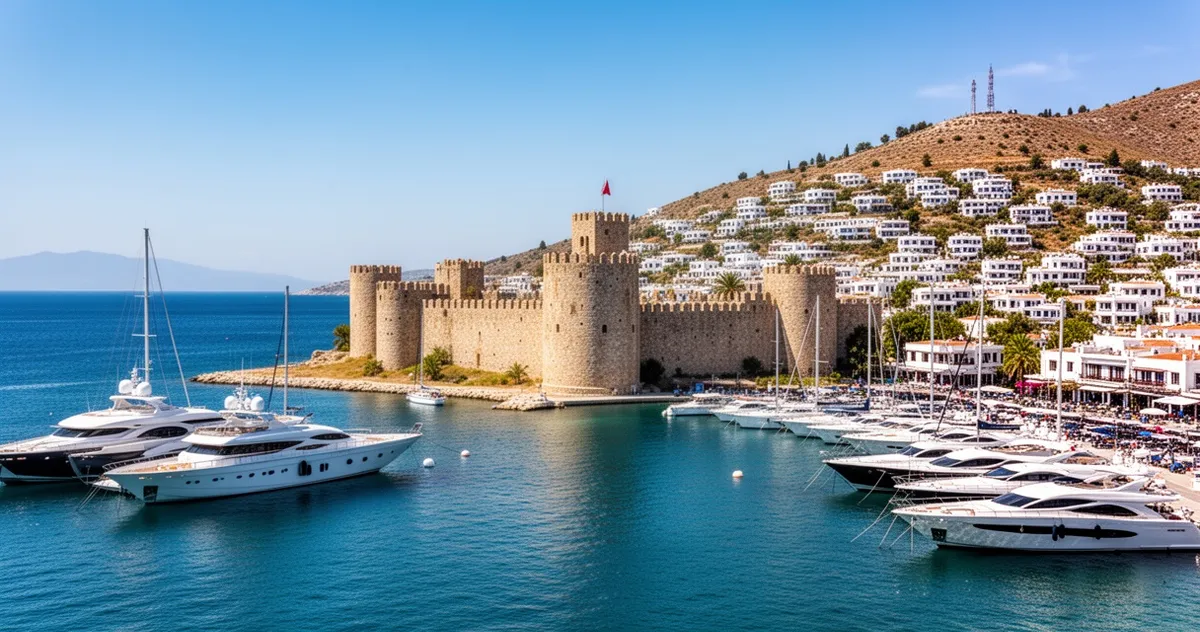 Panorama zamku św. Piotra i mariny w Bodrum