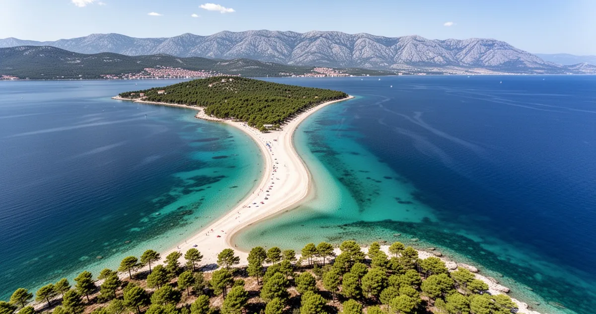 Widok z lotu ptaka na plażę Zlatni Rat na wyspie Brač w Chorwacji