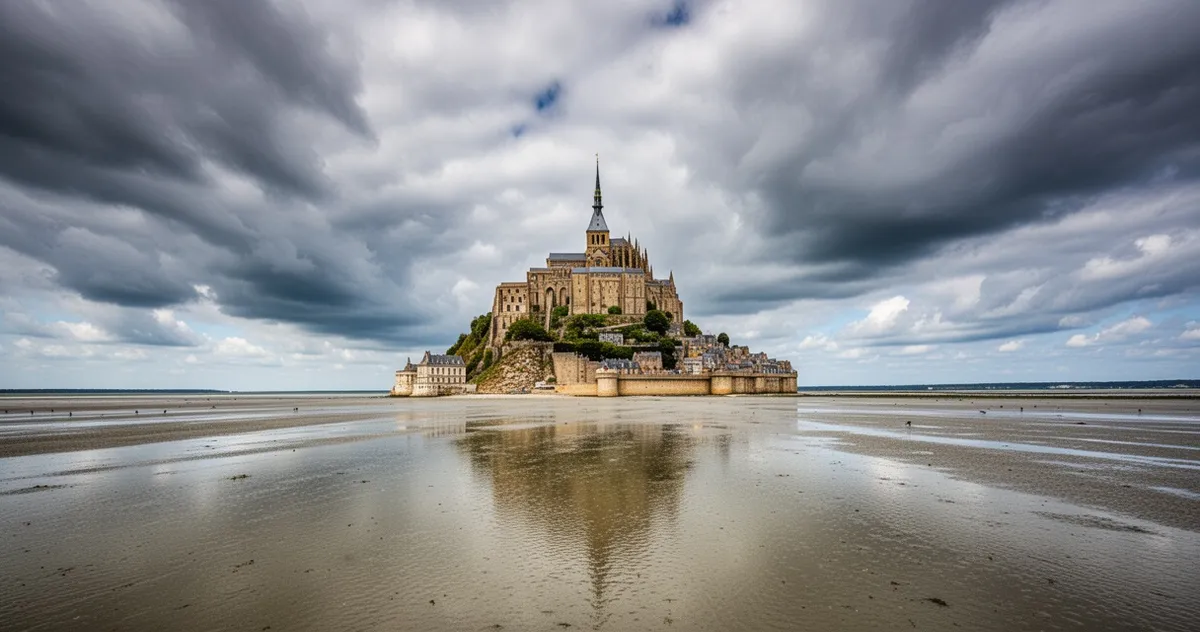 Mont Saint-Michel podczas odpływu z szeroką panoramą zatoki
