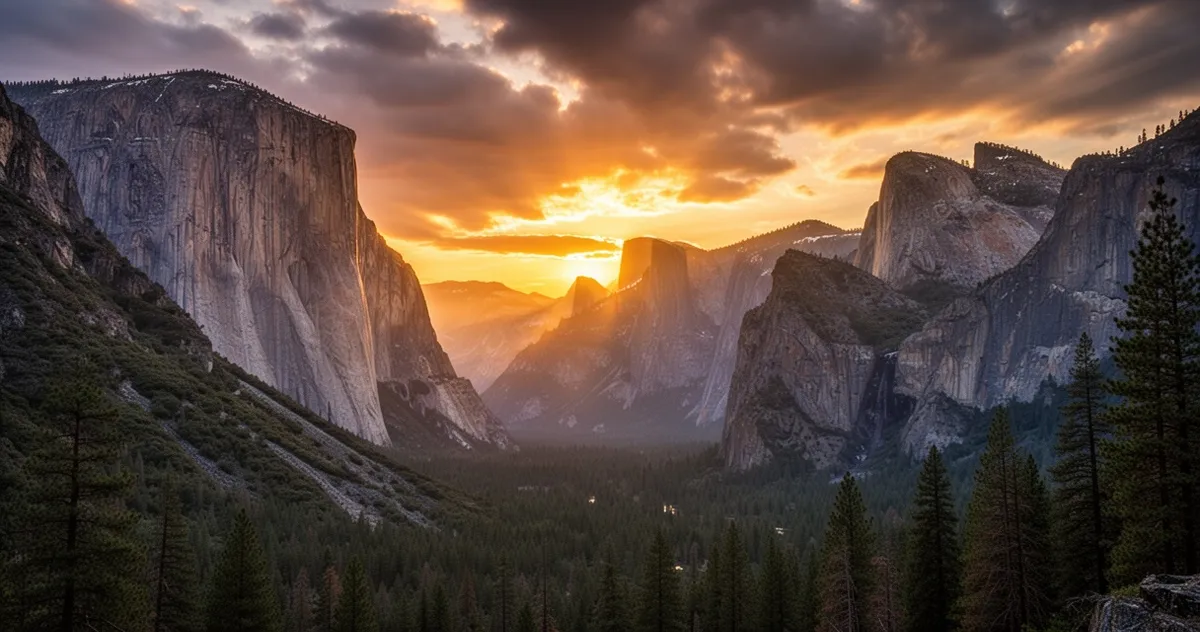 Widok na dolinę Yosemite z Tunnel View o zachodzie słońca
