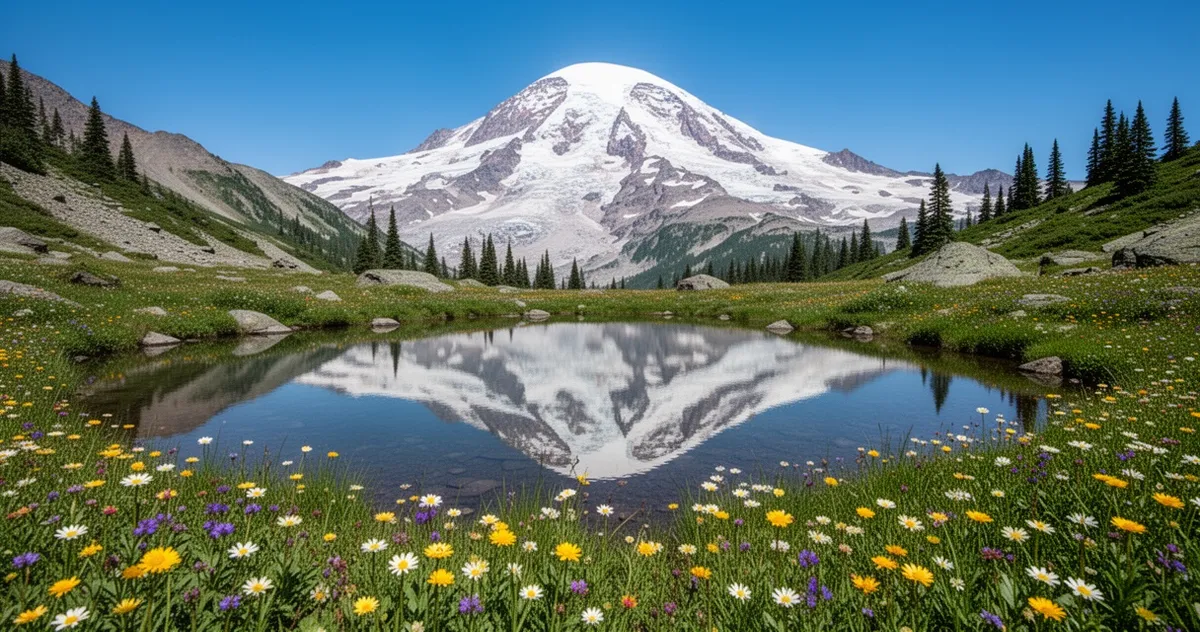 Mount Rainier odbijający się w alpejskim jeziorze