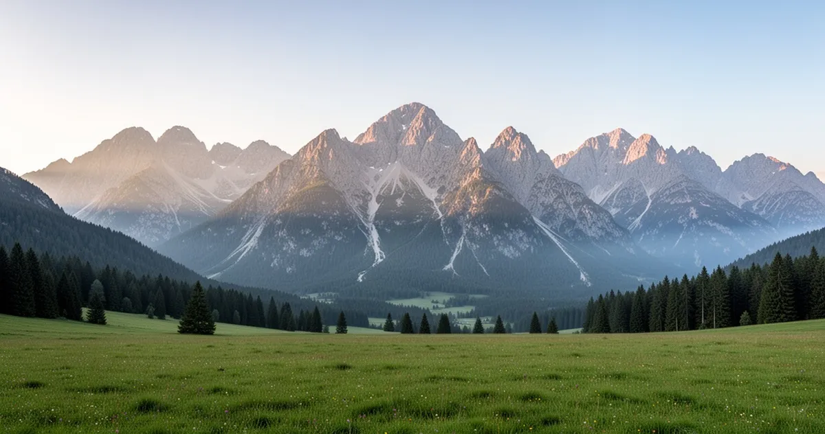 Szeroka panorama Tatr z zielonej polany o poranku
