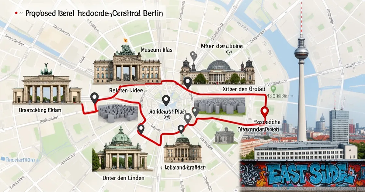 Mapa jednodniowej trasy zwiedzania centralnego Berlina z zaznaczonymi głównymi atrakcjami.