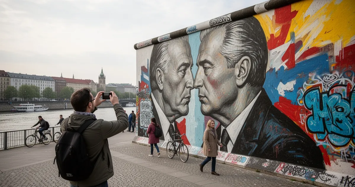 Turysta robiący zdjęcie słynnemu muralowi 'Bruderkuss' na odcinku East Side Gallery.