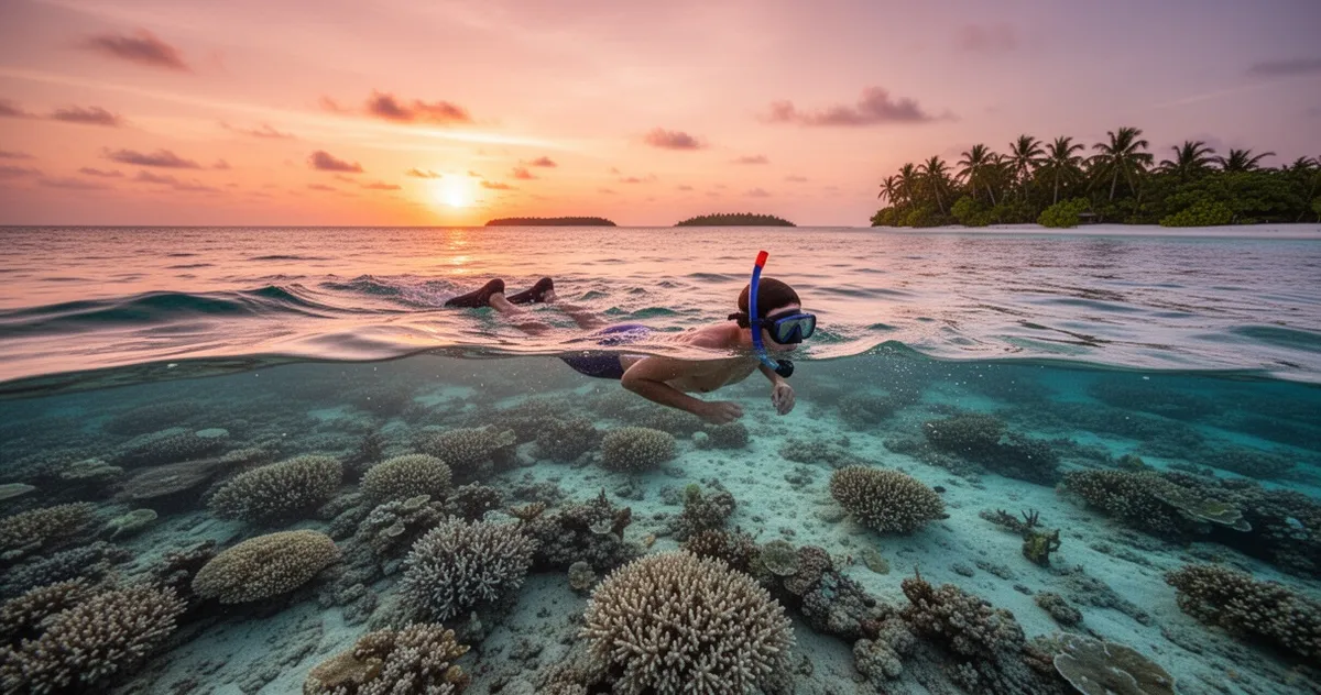 Snorkeler o zachodzie słońca nad płytką rafą na Malediwach