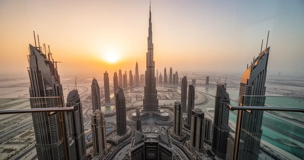 Widok z tarasu widokowego Burj Khalifa na Dubaj o zachodzie słońca