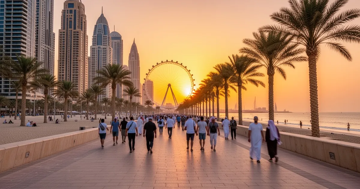 Promenada JBR Beach w Dubaju o zachodzie słońca, w tle Ain Dubai