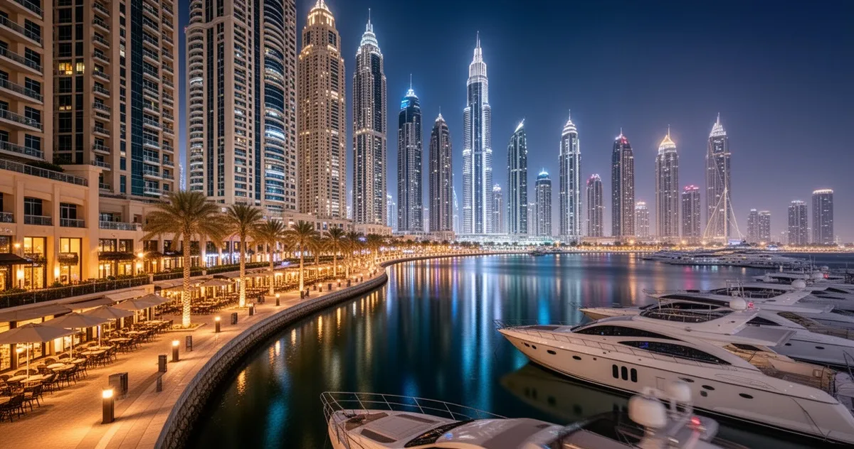 Dubai Marina nocą, oświetlone wieżowce i promenada