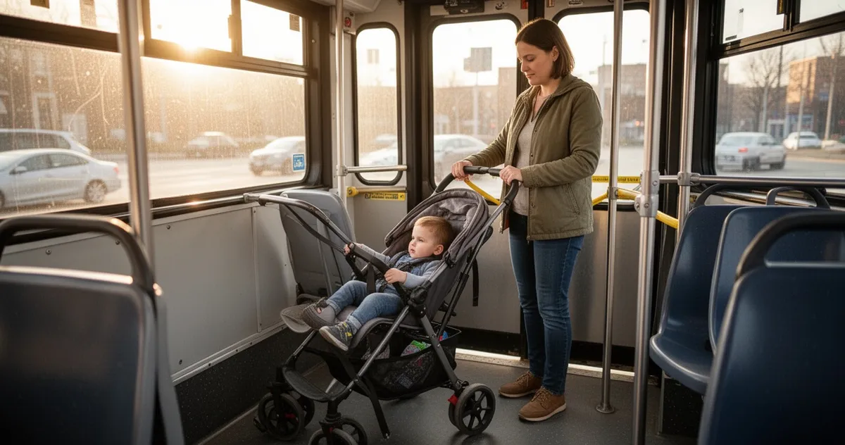 Rodzic trzymający wózek z dzieckiem w autobusie komunikacji miejskiej