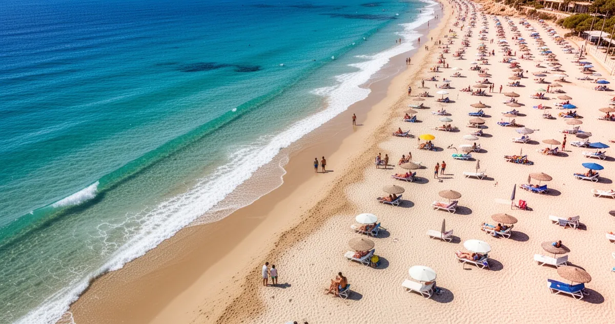 Szeroka, piaszczysta plaża na Majorce z rodzinami i leżakami