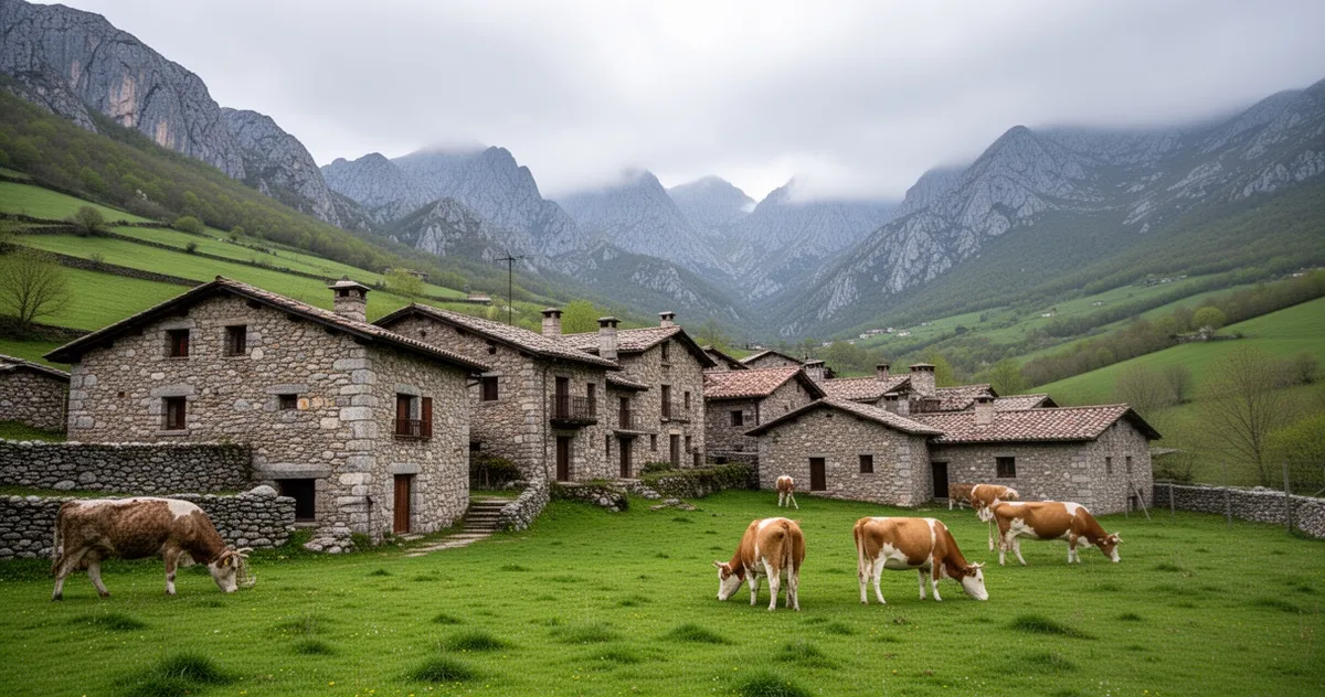 Tradycyjna kamienna wioska w dolinie Picos de Europa