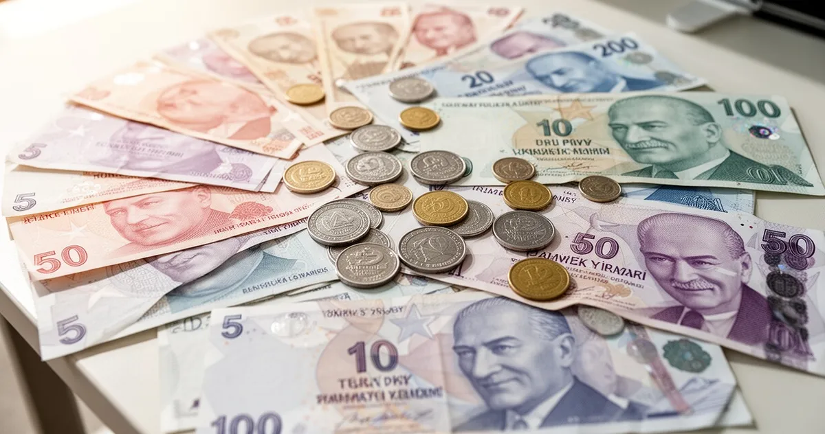 Różne nominały banknotów i monet liry tureckiej